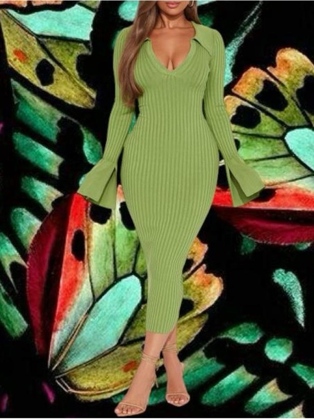 Fashion Nova Olive Ribbed V-Neck Midi Dress